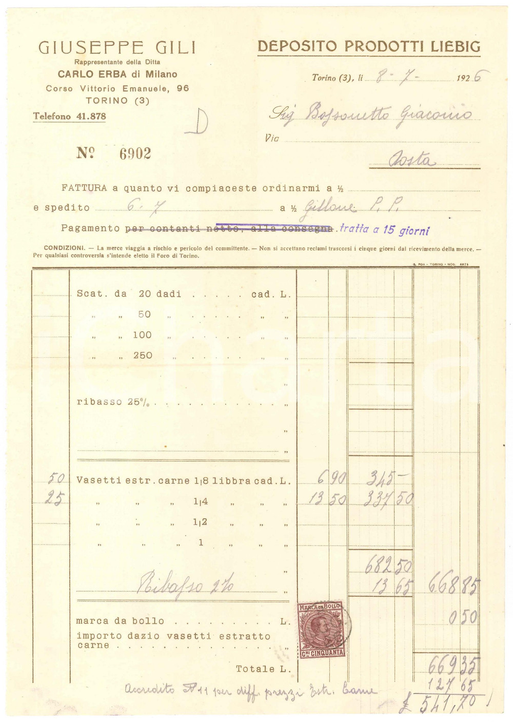 1926 TORINO Corso Vittorio Emanuele 96 - Giuseppe GILI Prodotti LIEBIG - Fattura