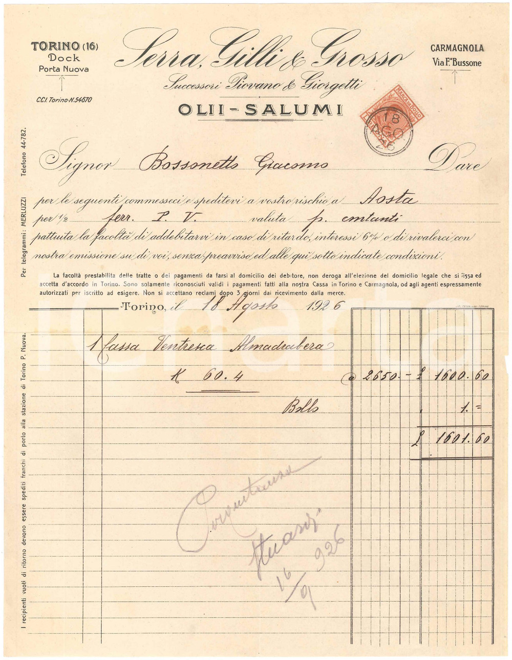 1926 TORINO Docks Porta Nuova - SERRA, GILLI & GROSSO Olii Salumi - Fattura (1)