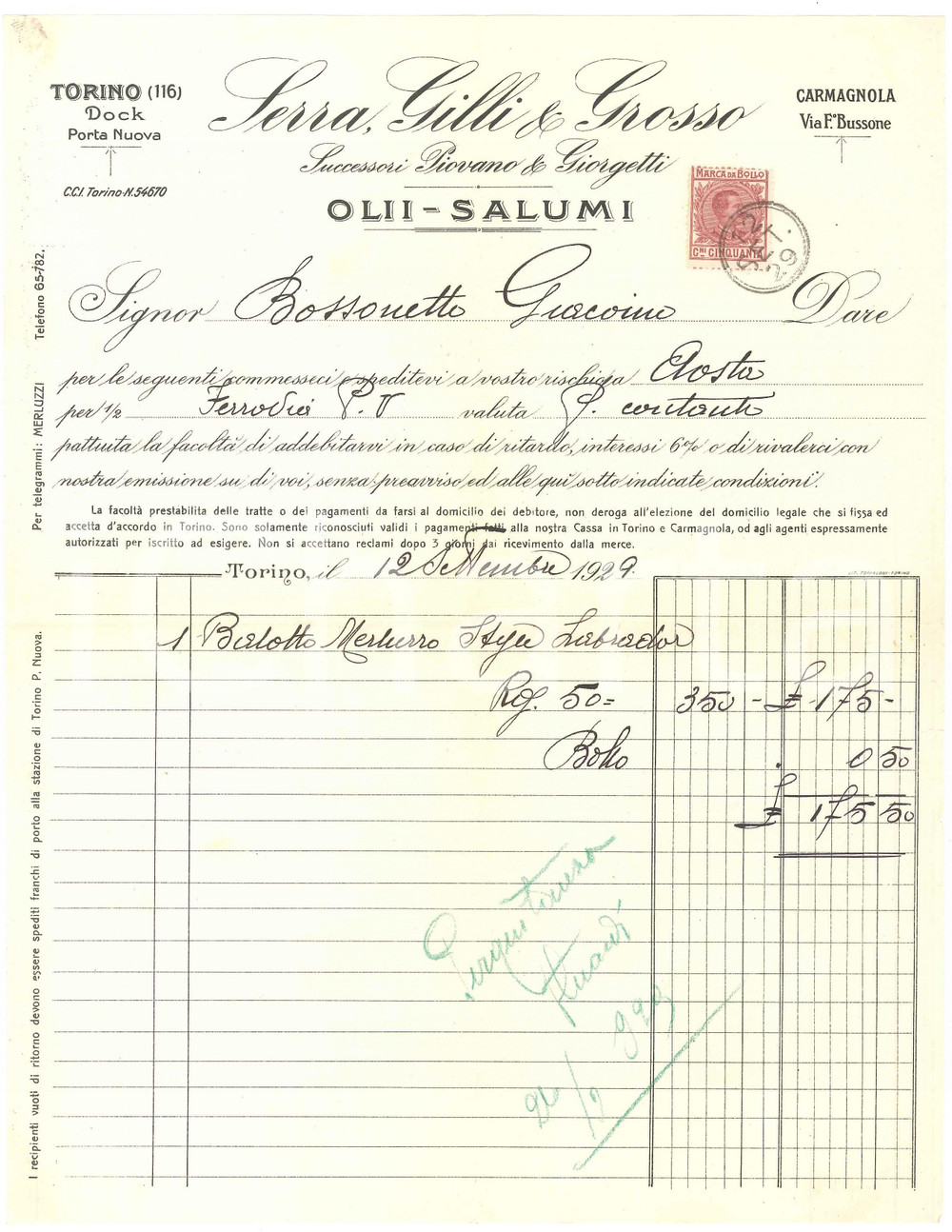 1929 TORINO Docks Porta Nuova - SERRA, GILLI & GROSSO Olii Salumi - Fattura (7)