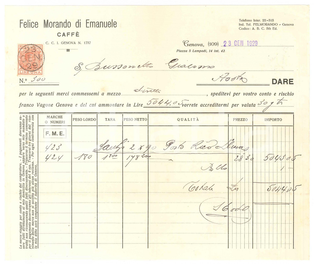 Documento originale, autentico 1929 GENOVA Piazza 5 Lampadi 14  Felice MORANDO di Emanuele  Fattura per caffÃ¨ 1