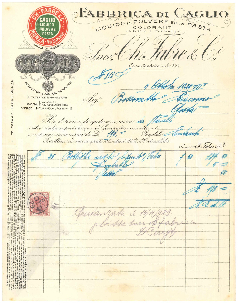 1929 MONZA - CH. FABRE & C. Fabbrica di caglio liquido - Fattura (4)