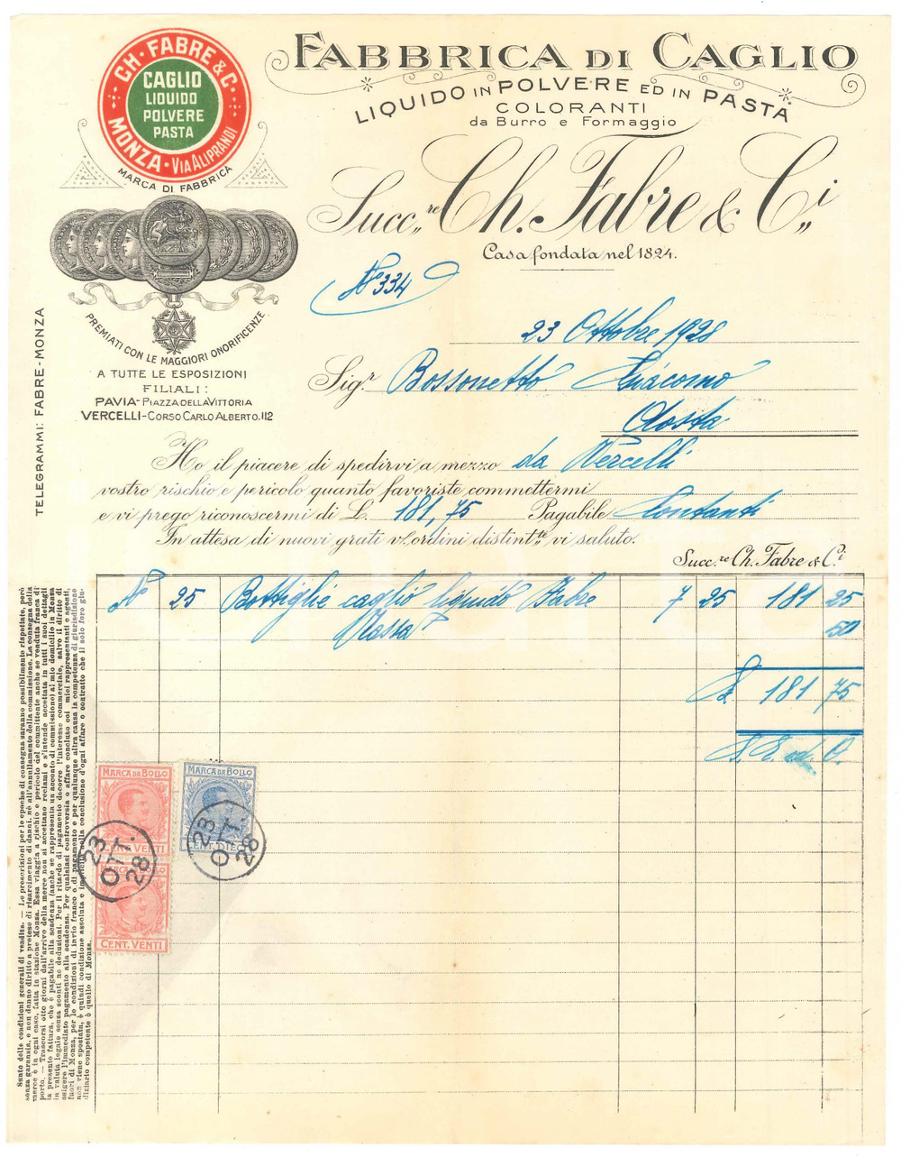 1928 MONZA - CH. FABRE & C. Fabbrica di caglio liquido - Fattura (6)