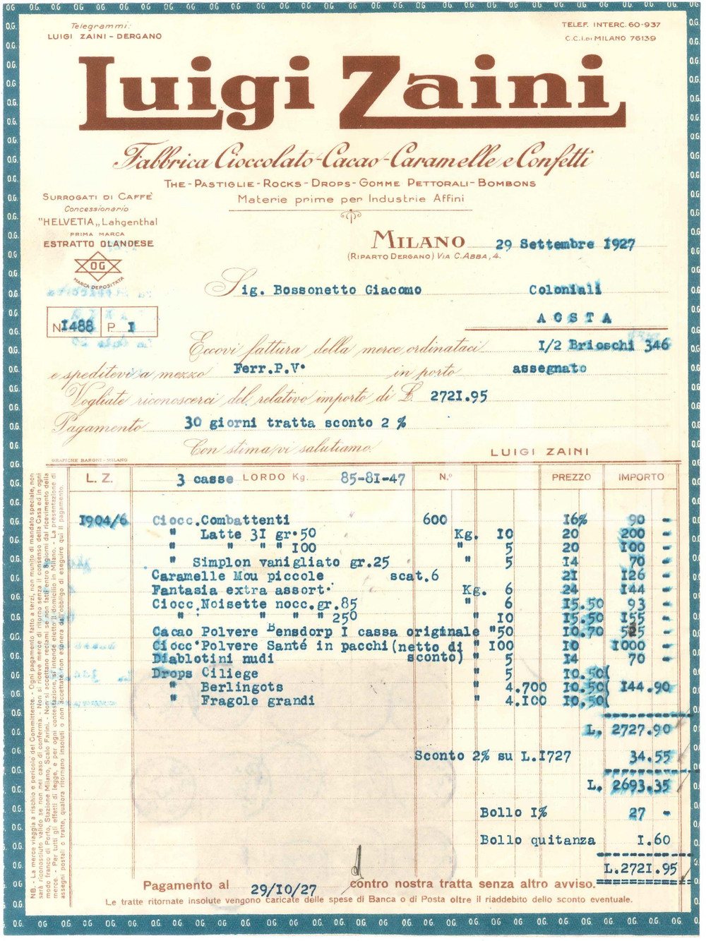 1927 MILANO Via C. Abba 4 - Luigi ZAINI Fabbrica Cioccolato Cacao - Fattura