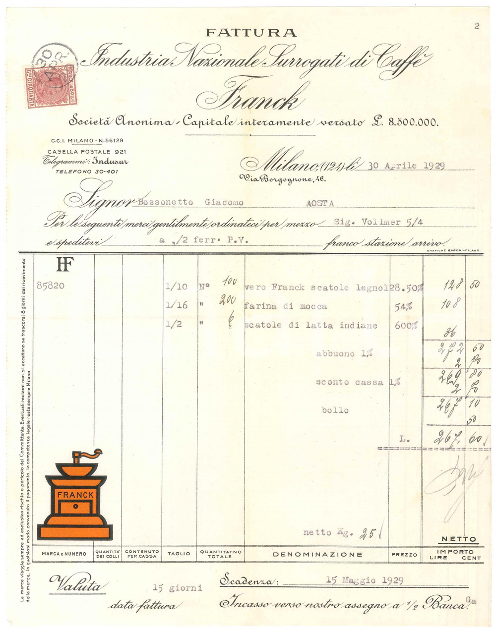 1929 MILANO Via Borgognone 46 - FRANCK Industria Surrogati di Caffè *Fattura