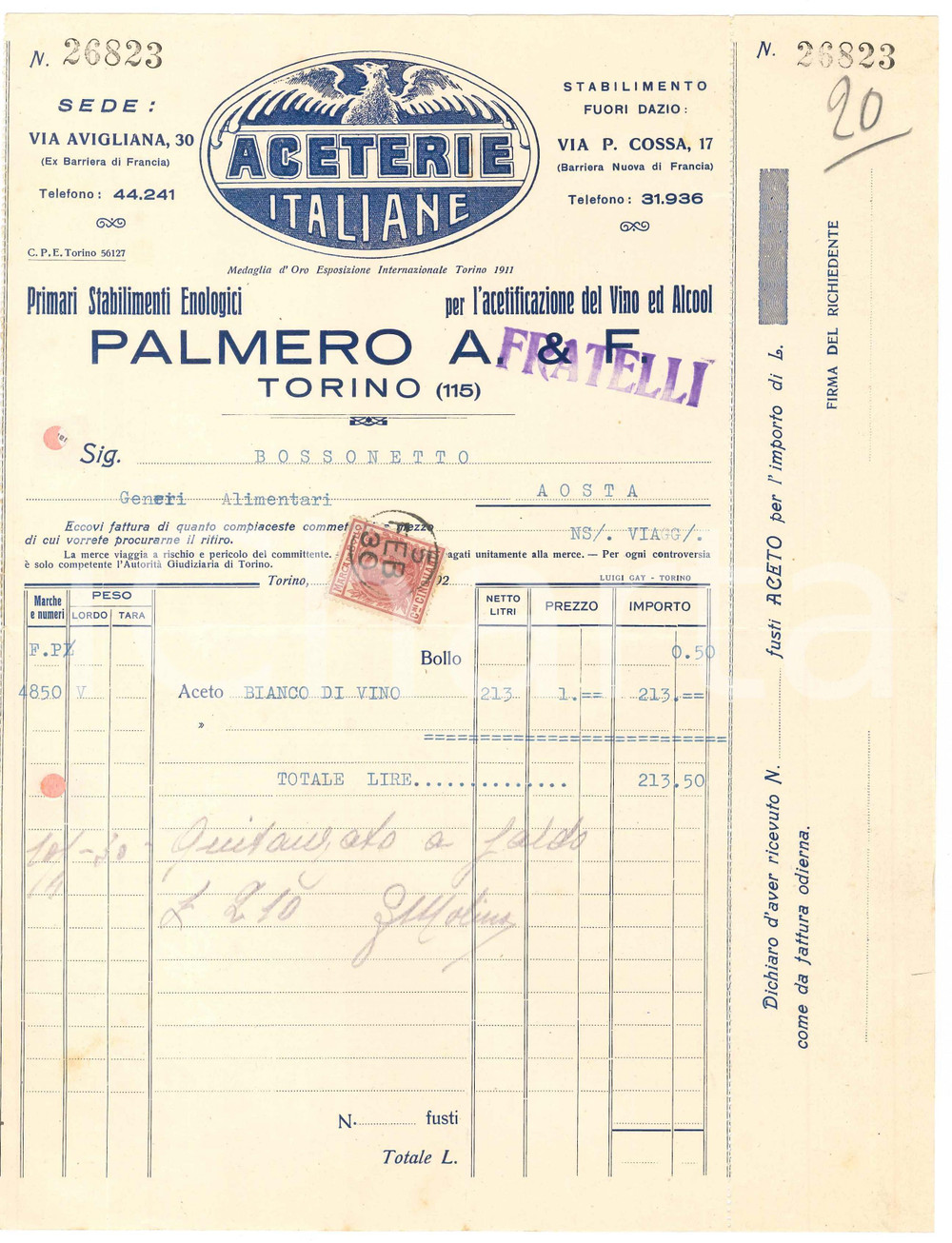 1930 TORINO Via Avigliana 30 - PALMERO A. & F. Aceterie Italiane - Fattura