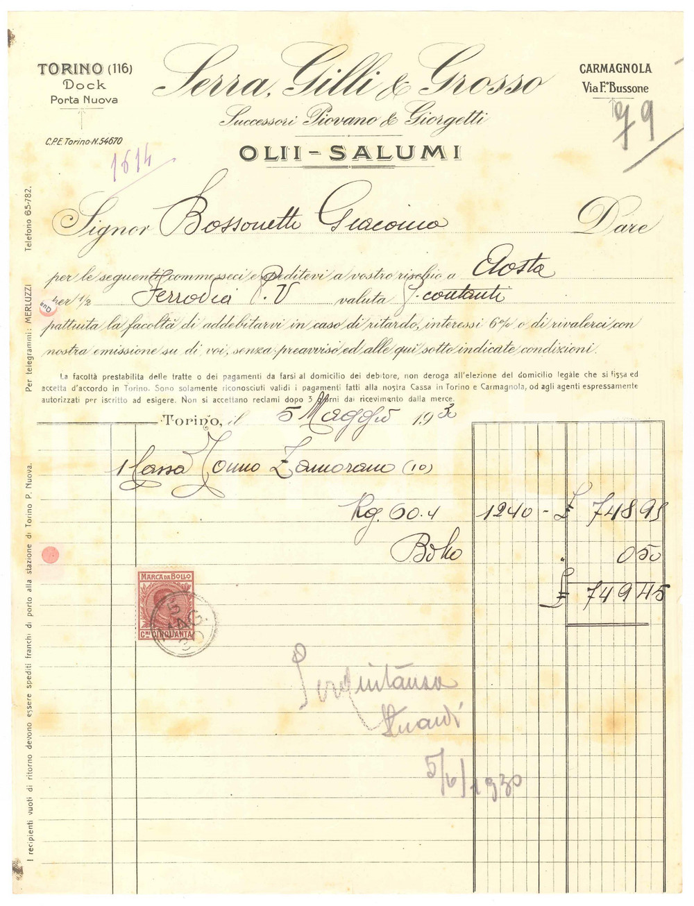 1930 TORINO Dock Porta Nuova - SERRA, GILLI & GROSSO Olii Salumi - Fattura (7)