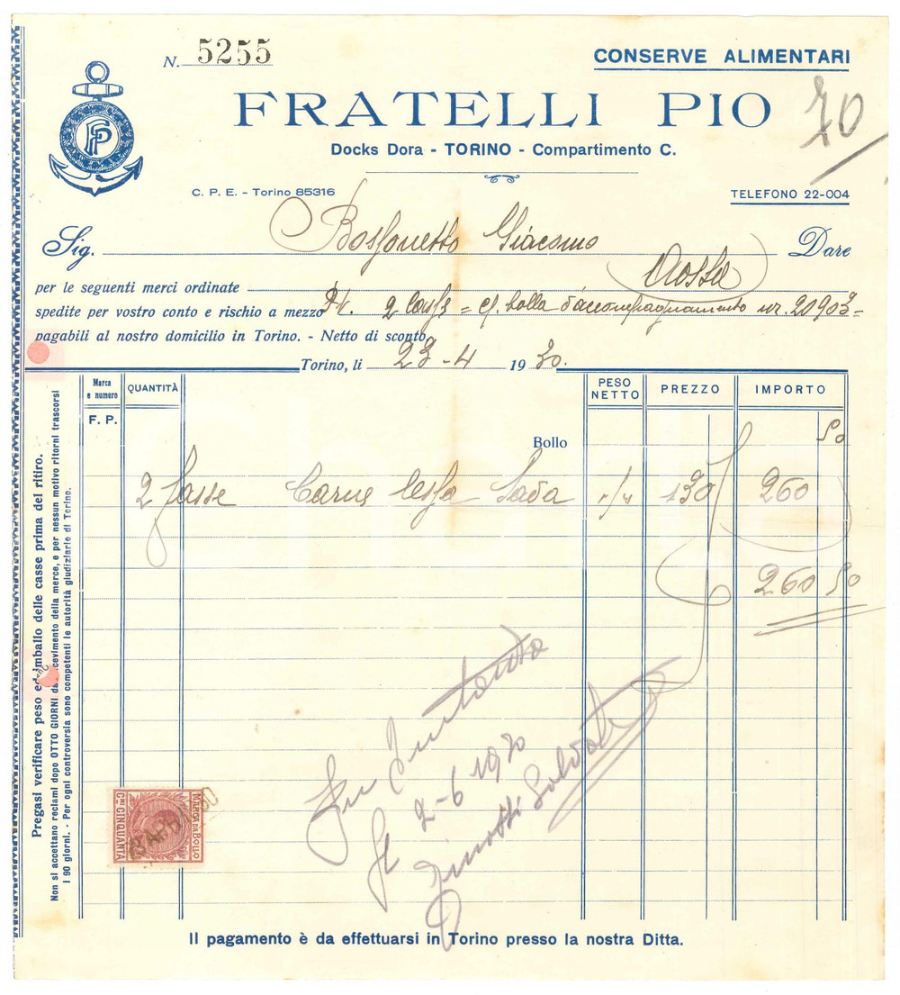 1930 TORINO Docks Dora - Fratelli PIO Conserve alimentari - Fattura (8)