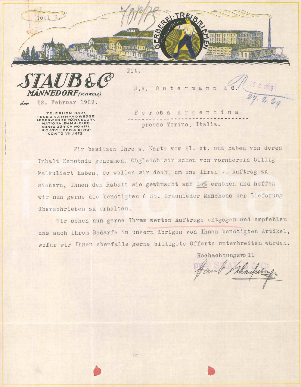 1929 MÄNNEDORF (SCHWEIZ) STAUB & Co. Conceria Cinghie trasmissione - Lettera (1)