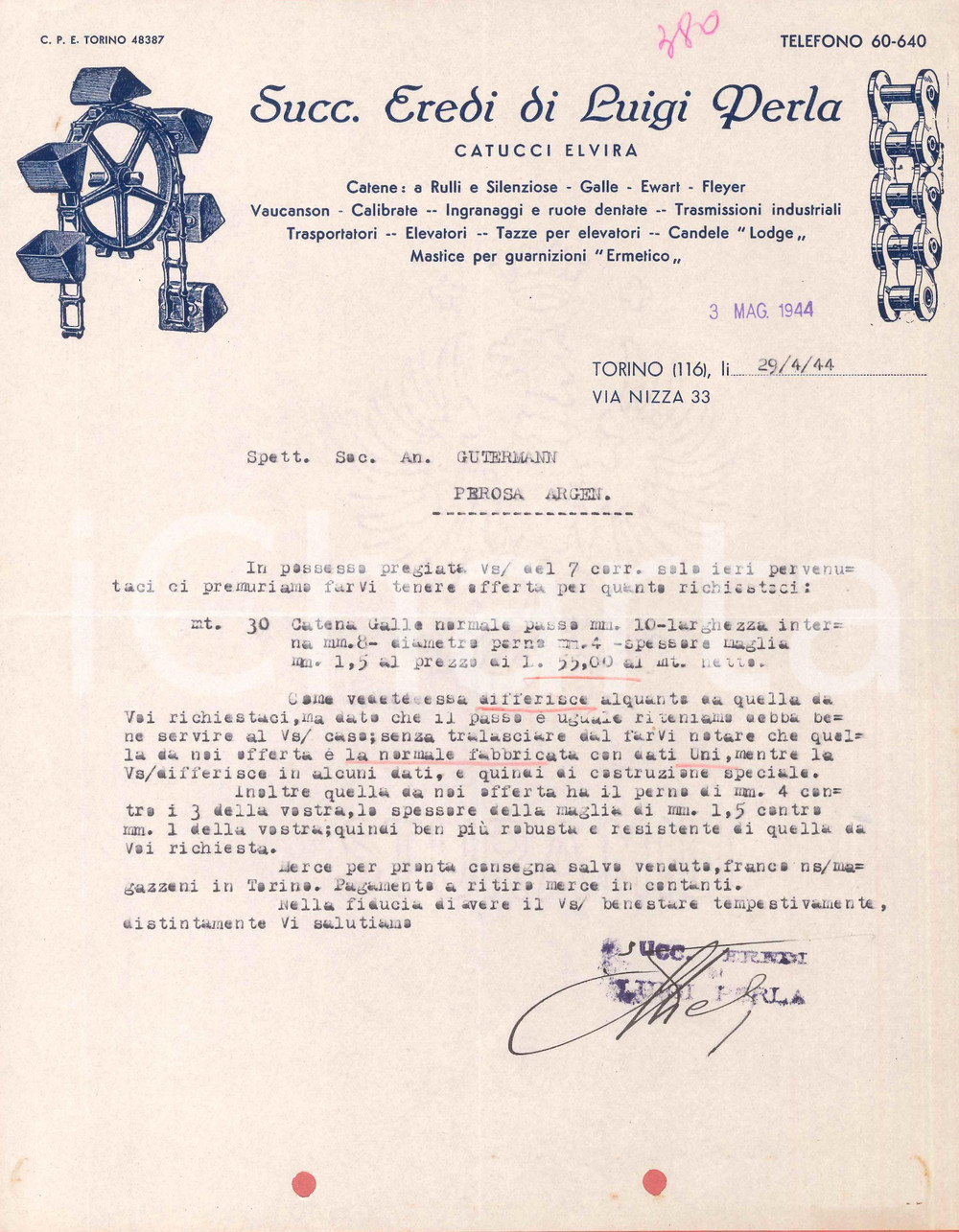 1944 TORINO Via Nizza 33 - Succ. Eredi di Luigi PERLA Elvira CATUCCI - Lettera
