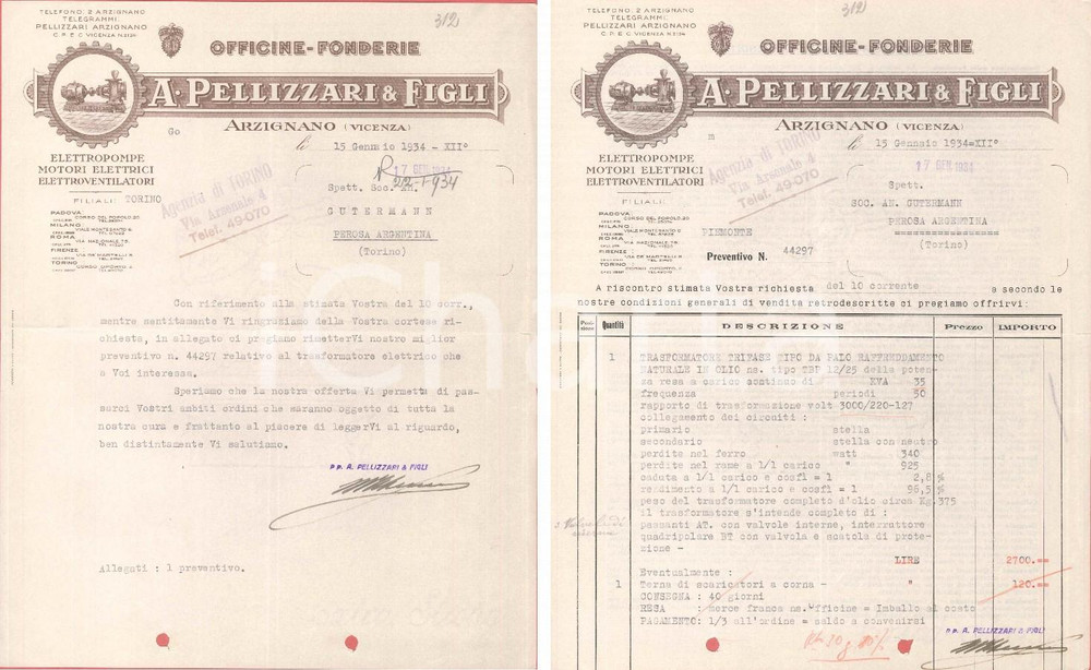 1934 ARZIGNANO (VI) - A. PELLIZZARI & Figli Officine Fonderie - Lettera (1)
