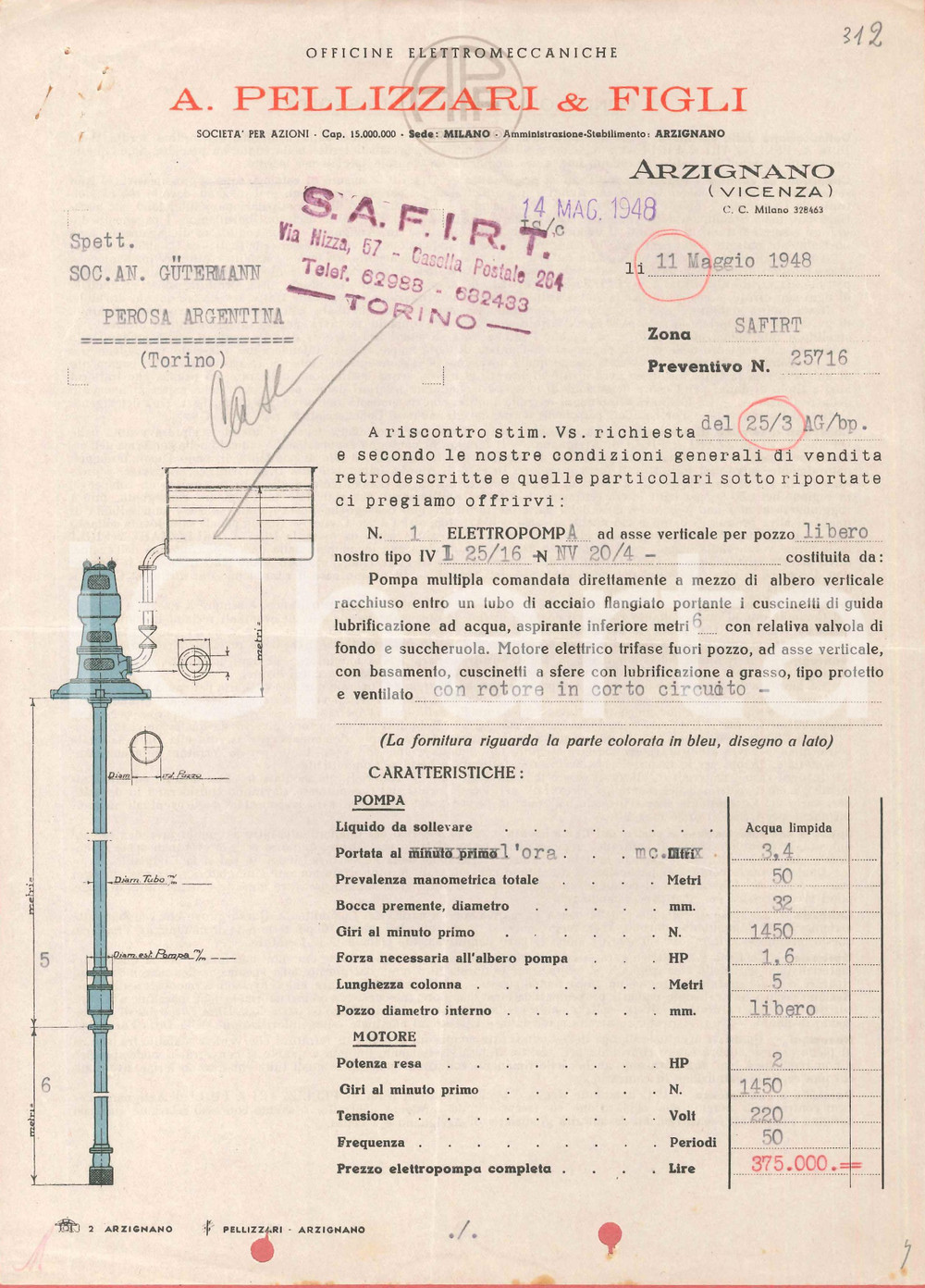 1948 ARZIGNANO (VI) A. PELLIZZARI & Figli Officine elettromeccaniche *Preventivo
