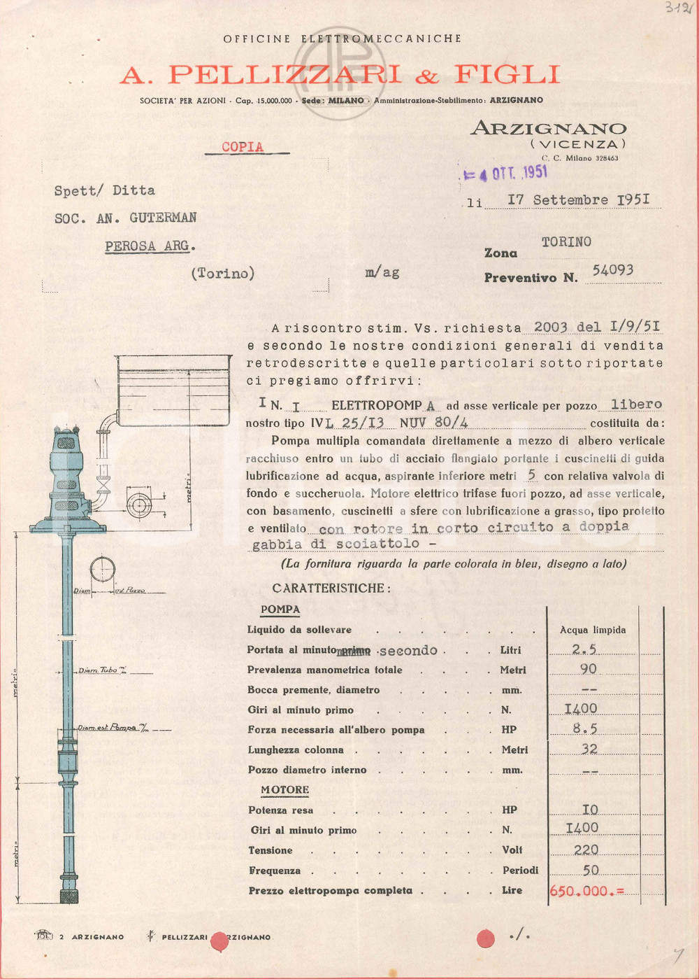 1951 ARZIGNANO (VI) A. PELLIZZARI & Figli Officine elettromeccaniche *Preventivo