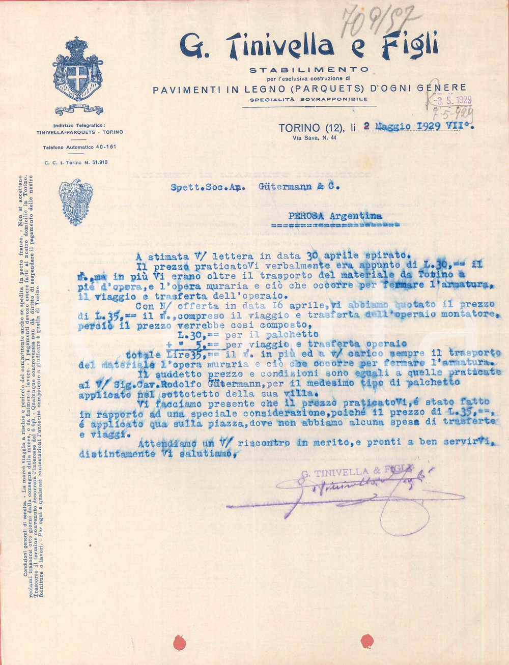 1929 TORINO Via Bava 44 - G. TINIVELLA & Figli Pavimenti in legno - Lettera (1)