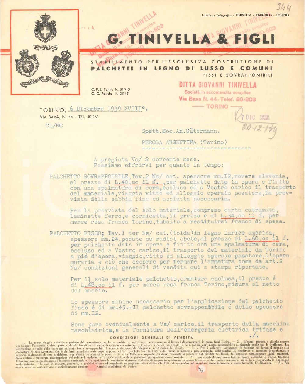 1939 TORINO Via Bava 44 - G. TINIVELLA & Figli - Palchetti in legno - Preventivo