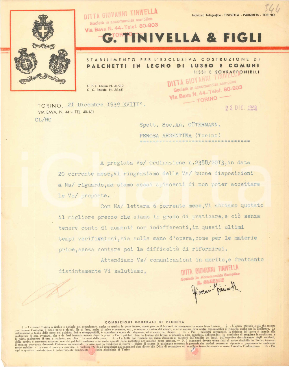 1939 TORINO Via Bava 44 - G. TINIVELLA & Figli - Palchetti in legno - Lettera