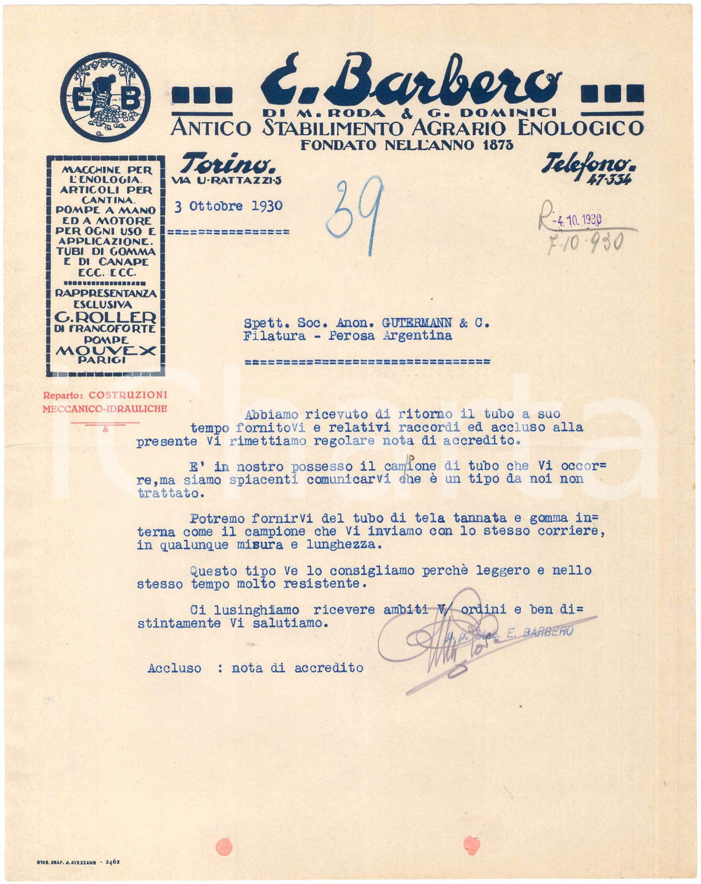 1930 TORINO Via U. Rattazzi E. BARBERO Stabilimento agrario enologico - Lettera
