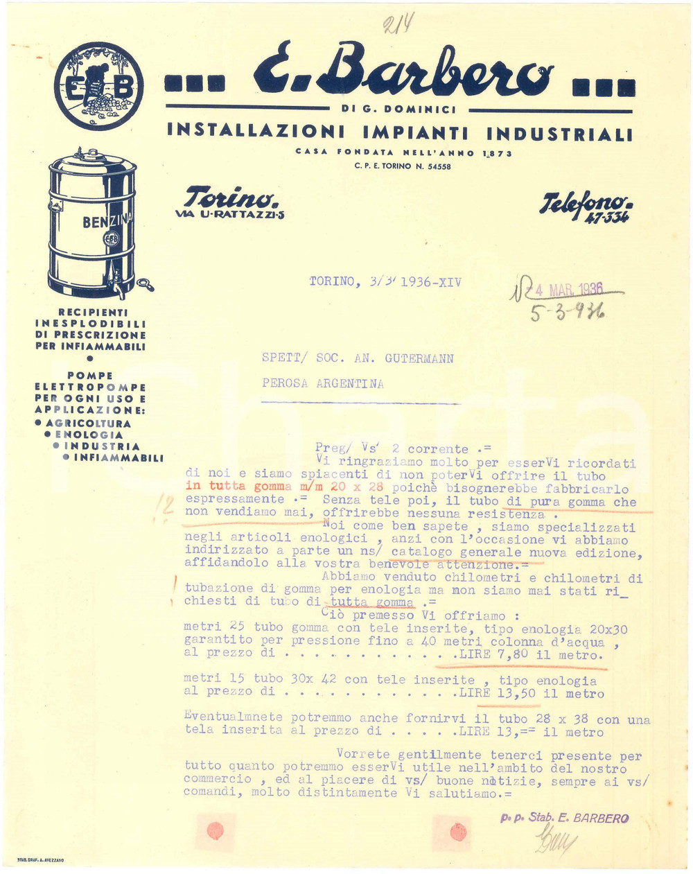1936 TORINO Via U. Rattazzi 5 - E. BARBERO Impianti industriali - Lettera