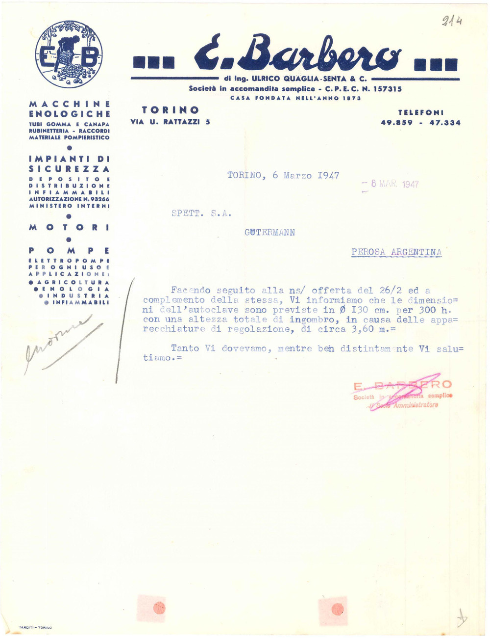 1947 TORINO Via U. Rattazzi - E. BARBERO Macchine enologiche - Lettera (2)