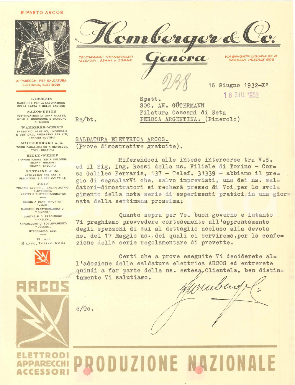 1932 GENOVA Via Brigata Liguria - HOMBERGER & Co. Elettrodi ARCOS - Lettera (1)