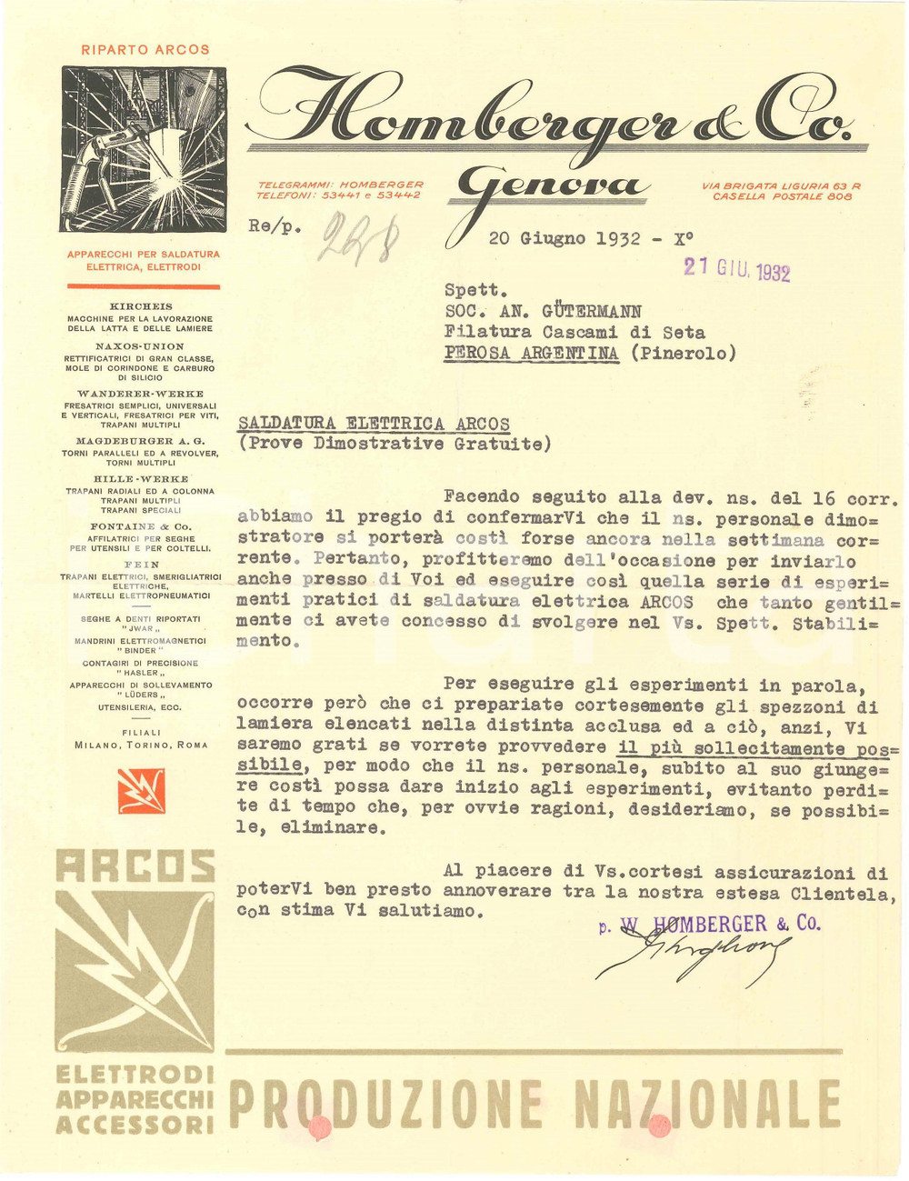 1932 GENOVA Via Brigata Liguria - HOMBERGER & Co. Elettrodi ARCOS - Lettera (2)
