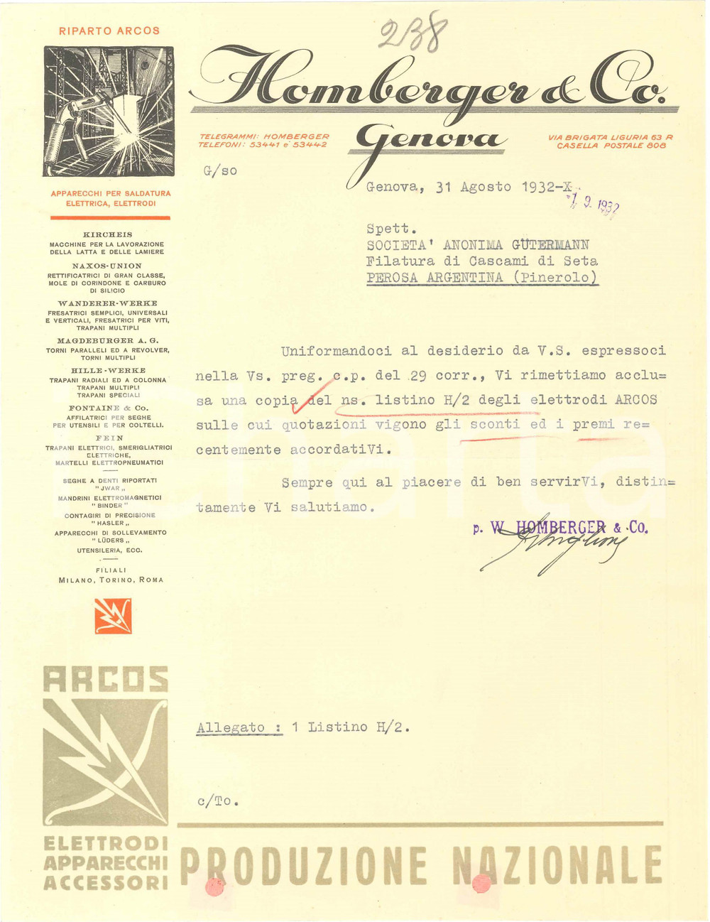 1932 GENOVA Via Brigata Liguria - HOMBERGER & Co. Elettrodi ARCOS - Lettera (3)