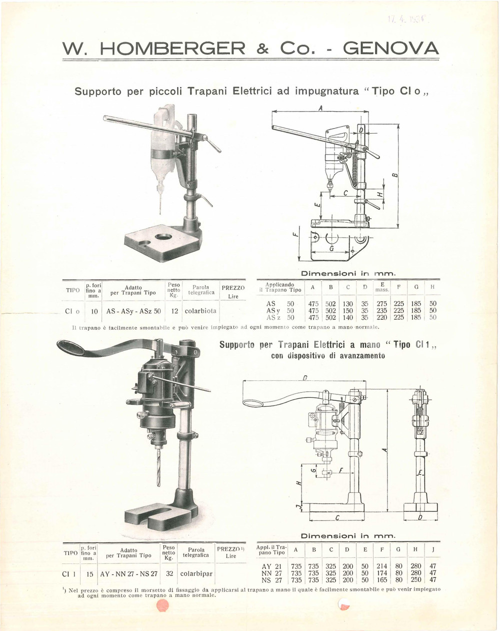 1934 GENOVA - W. HOMBERGER & C. - Supporto trapani elettrici - Scheda tecnica