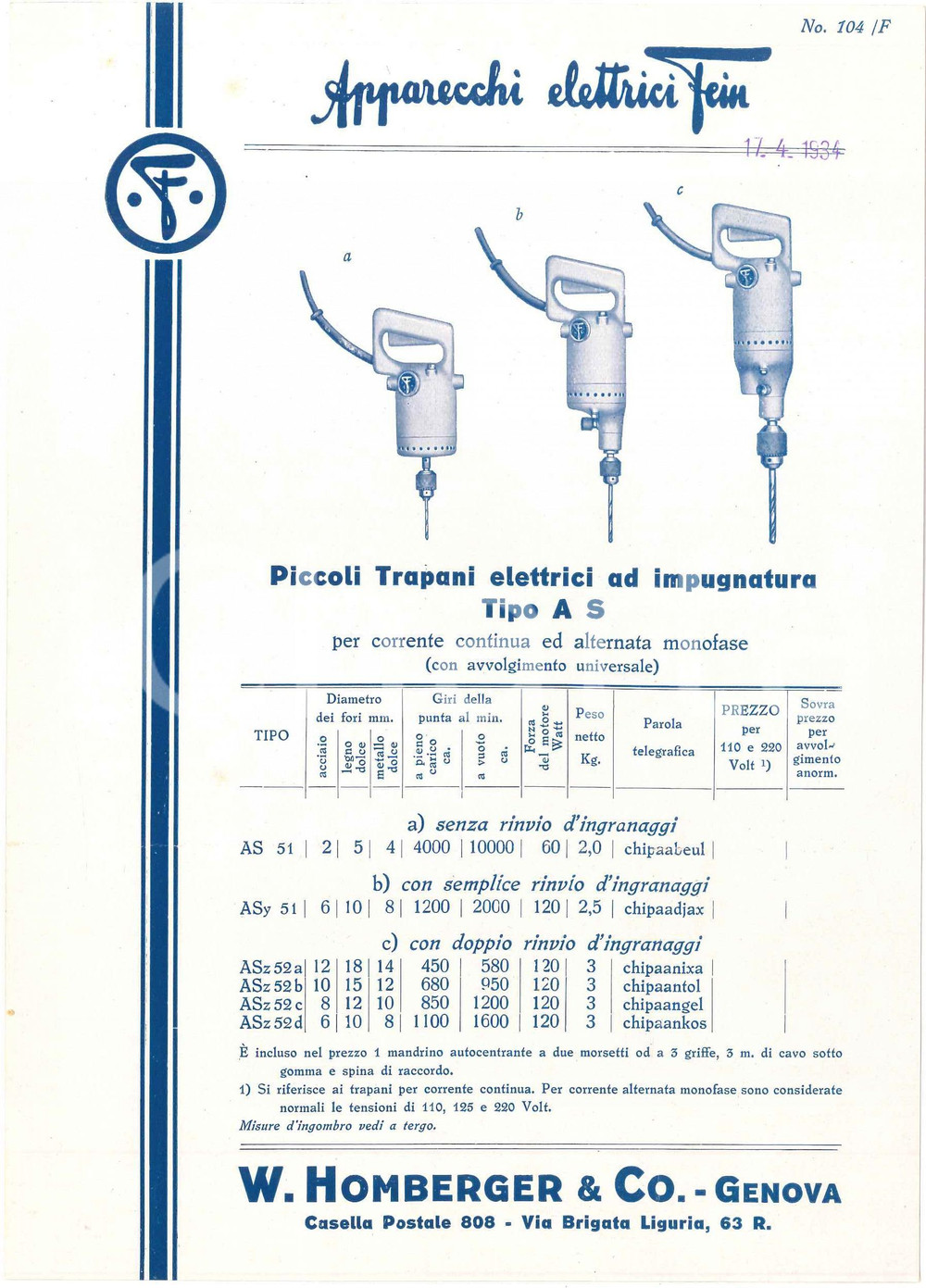 1934 GENOVA - W. HOMBERGER & C. Apparecchi elettrici FEIN Trapani - Volantino