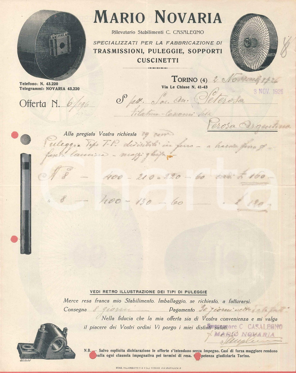 1927 TORINO via Le Chiuse 41-43 - Mario NOVARIA Trasmissioni - Preventivo 1 Preventivo manoscritto originale, su carta intestata.PAGINE: 1 (2 facciate) FAIR/discreto piegatura centrale d'epoca; fori da classificatore  originale e autentica 1