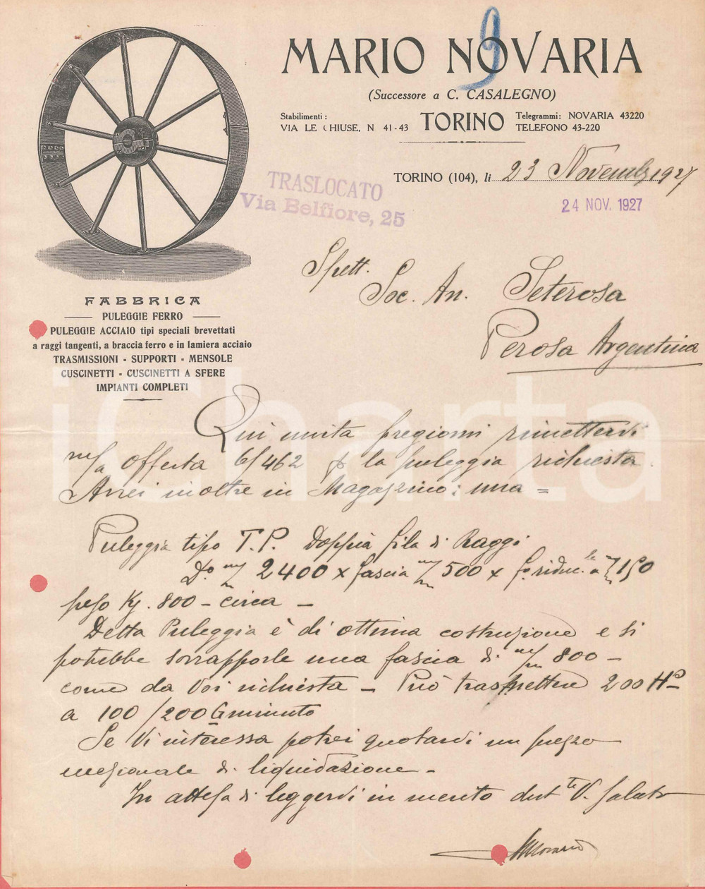 1927 TORINO via Belfiore 25 - Mario NOVARIA Trasmissioni - Preventivo