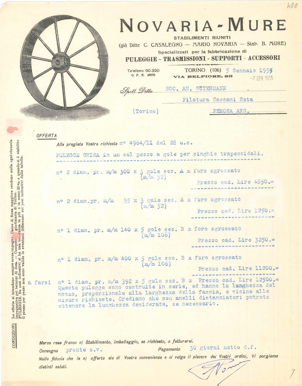 1955 TORINO Via Belfiore NOVARIA-MURE Puleggie Trasmissioni Supporti *Preventivo