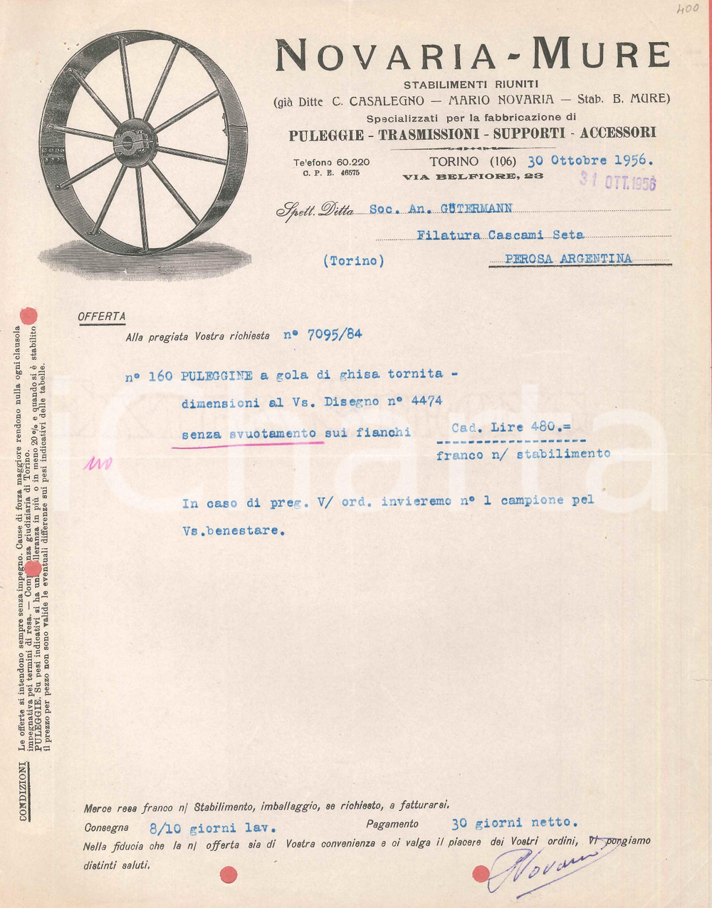 1956 TORINO Via Belfiore NOVARIA-MURE Puleggie Trasmissioni Supporti - Lettera