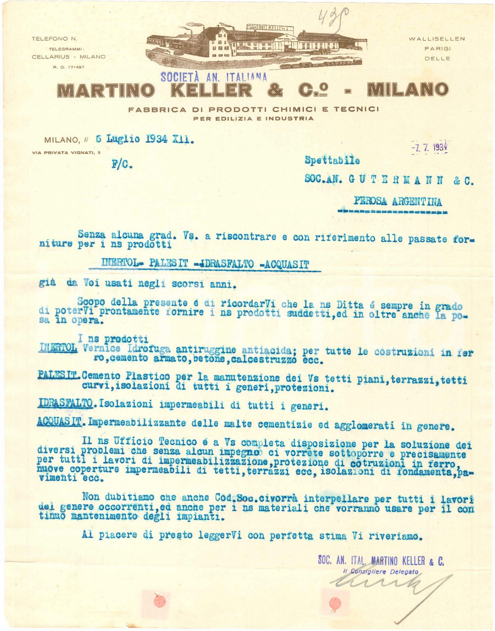 1934 MILANO Via Privata Vignati - Martino KELLER & C. Prodotti chimici - Lettera