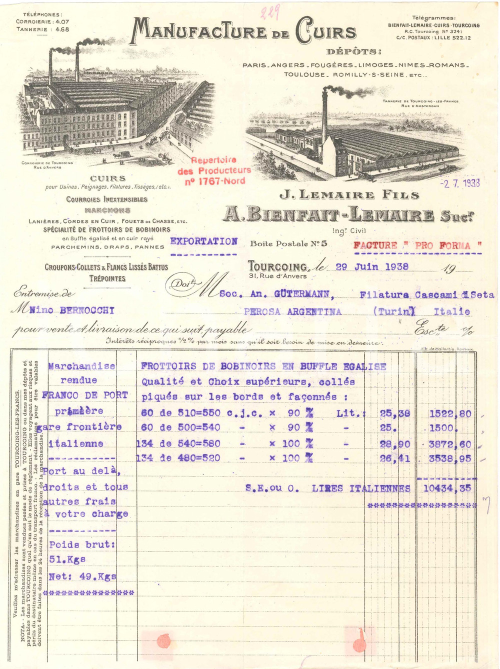1938 TOURCOING (FRANCE) J. LEMAIRE Fils A. BIENFAIT - LEMAIRE Suc.r - Facture