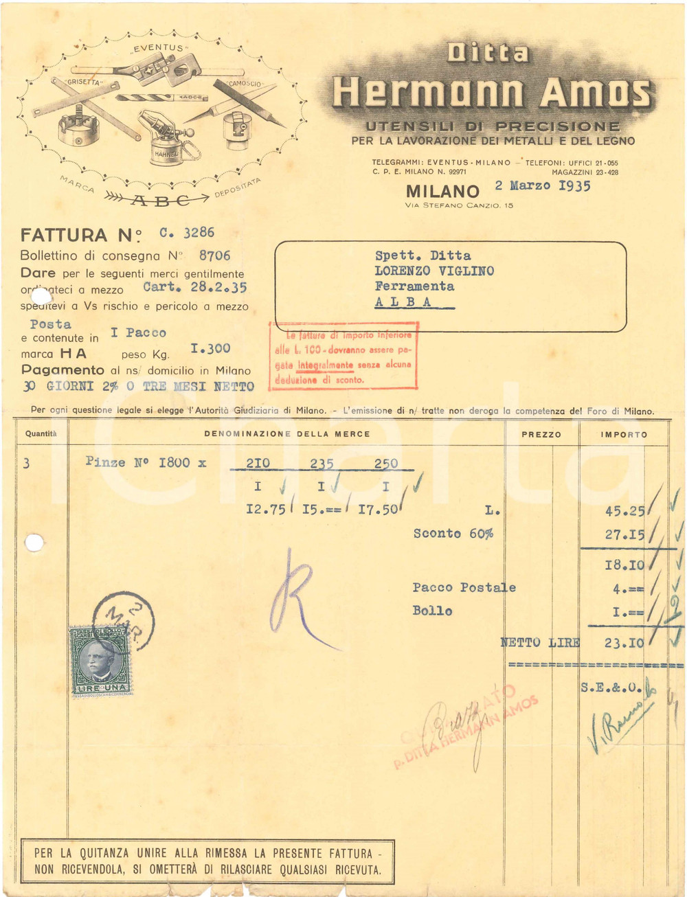 1935 MILANO Via Stefano Canzio 15 - Ditta HERMANN AMOS Utensili - Fattura (1)