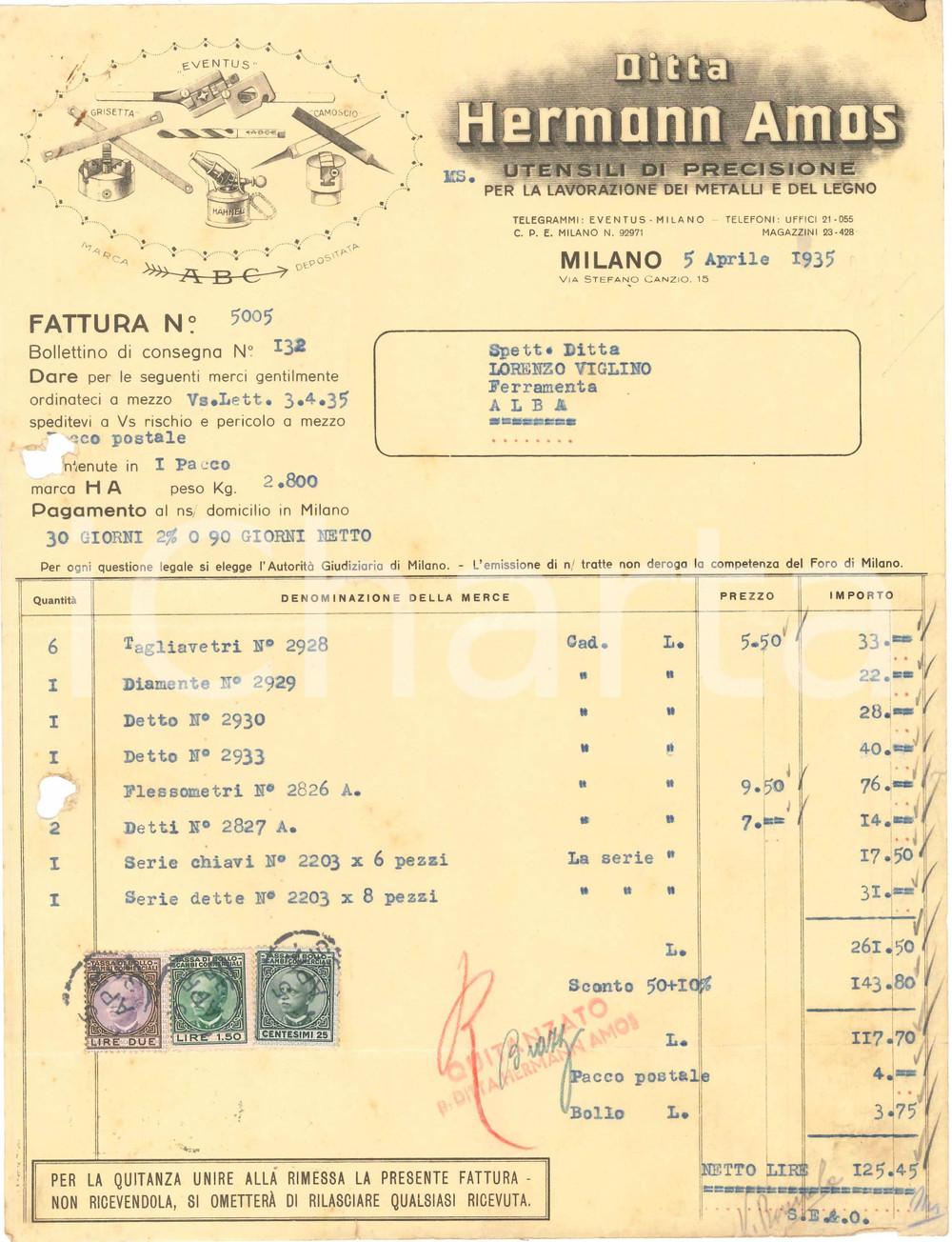 1935 MILANO Via Stefano Canzio 15 - Ditta HERMANN AMOS Utensili - Fattura (3)