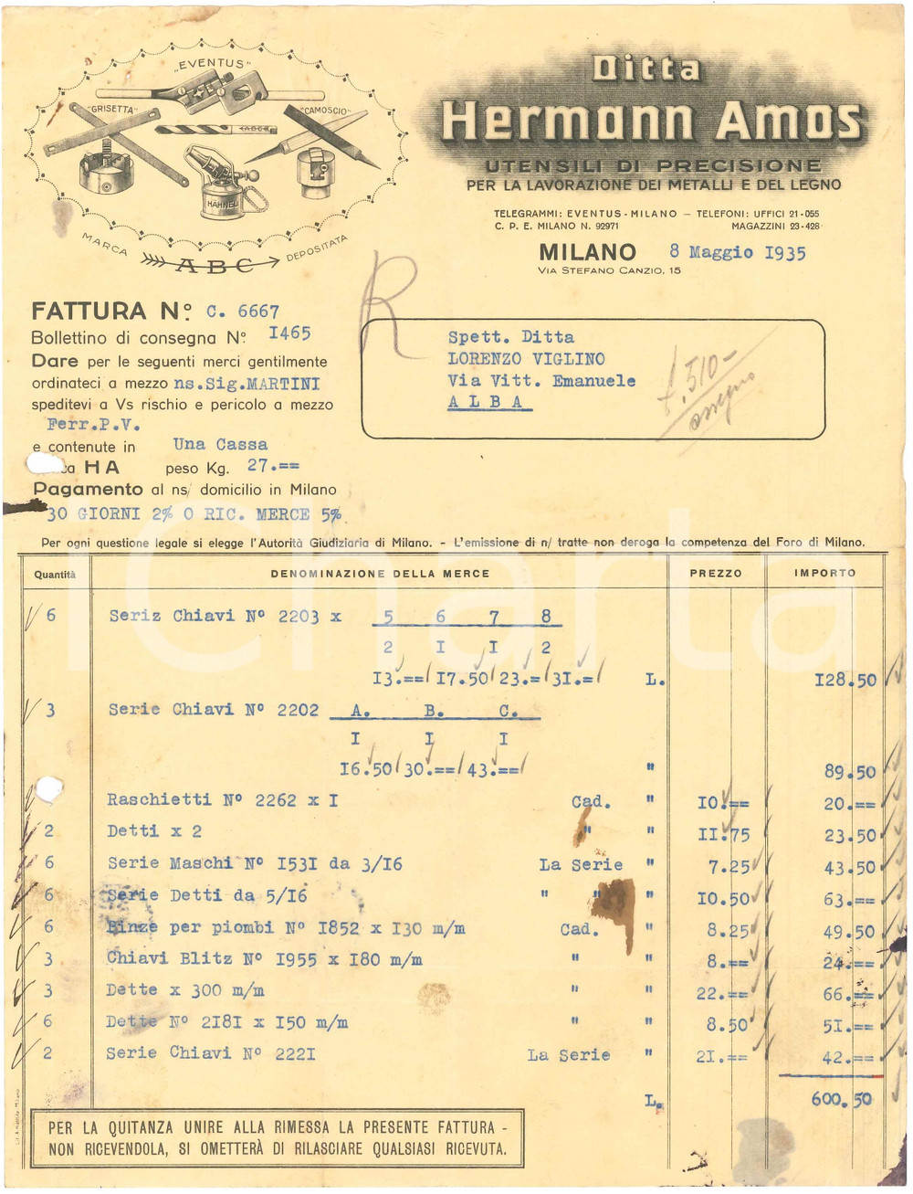 1935 MILANO Via Stefano Canzio 15 - Ditta HERMANN AMOS Utensili - Fattura (2)