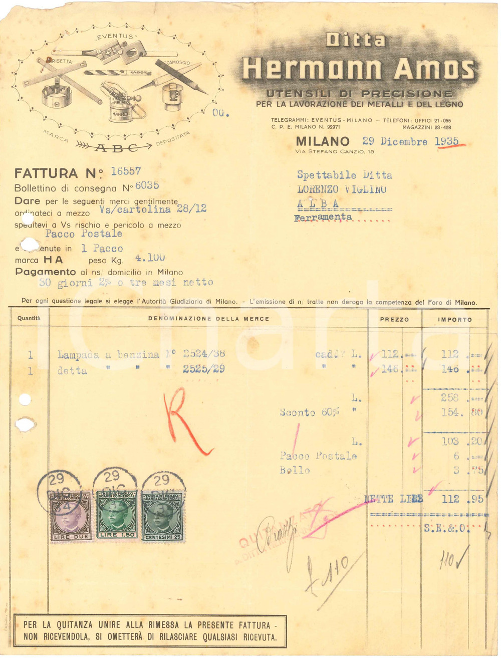 1935 MILANO Via Stefano Canzio 15 - Ditta HERMANN AMOS Utensili - Fattura (4)
