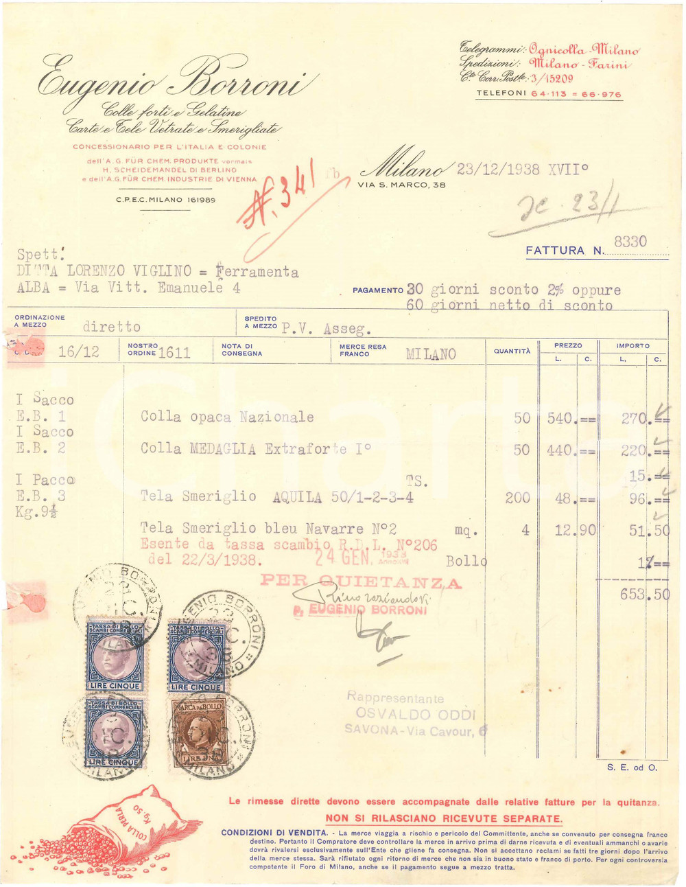1938 MILANO Via S. Marco 38 - Eugenio BORRONI Colle forti e Gelatine - Fattura
