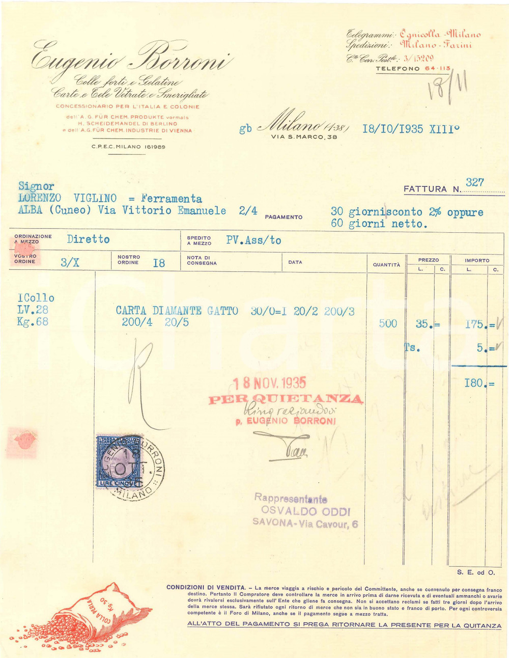 1935 MILANO Via S. Marco 38 Eugenio BORRONI Colle forti e Gelatine - Fattura (1)