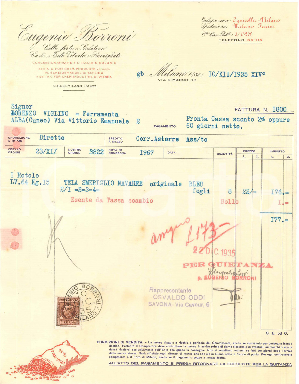 1935 MILANO Via S. Marco 38 Eugenio BORRONI Colle forti e Gelatine - Fattura (2)