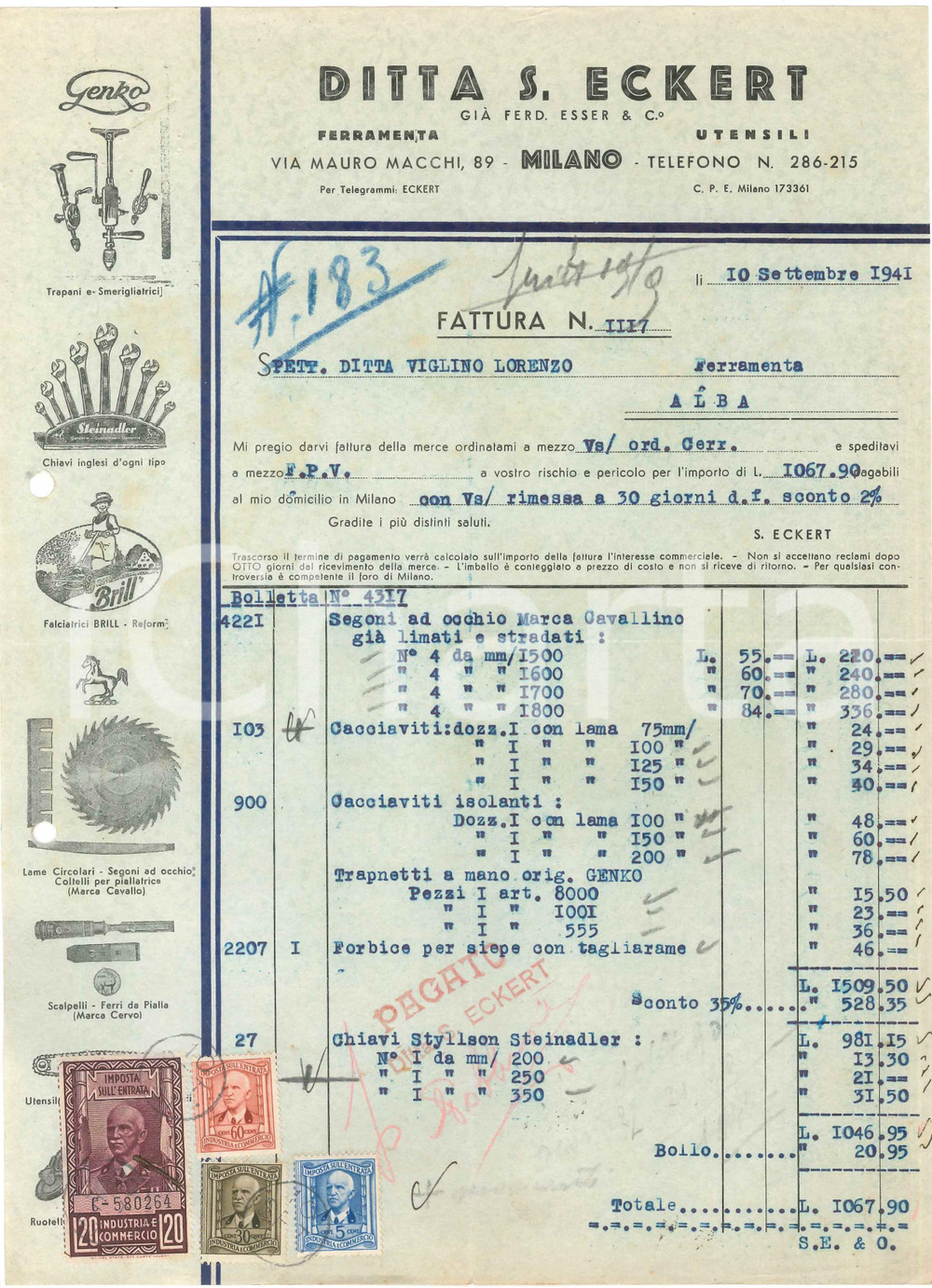 1941 MILANO Via Mauro Macchi 89 - Ditta S. ECKERT Ferramenta Utensili - Fattura
