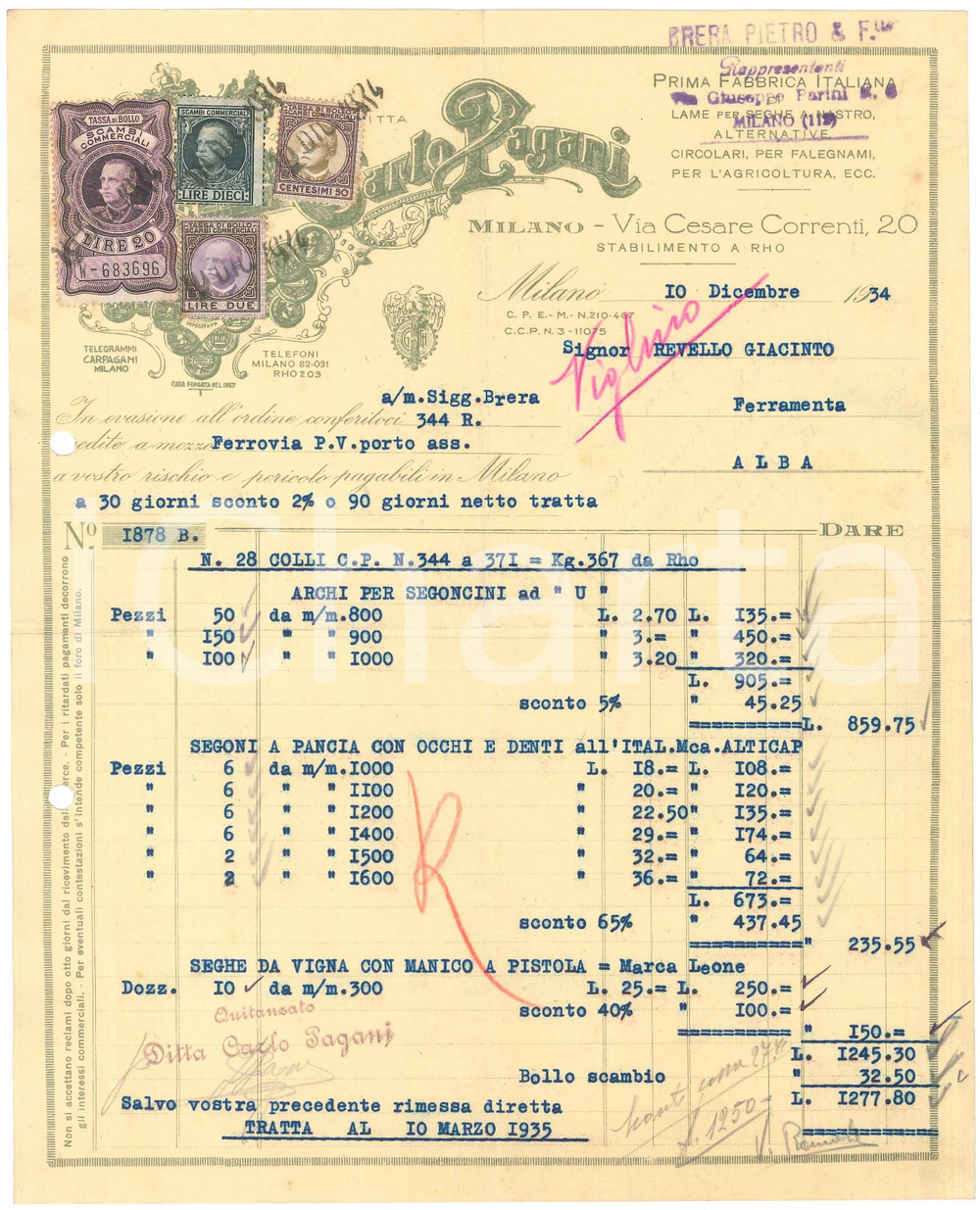1934 MILANO Via Cesare Correnti 20 - Ditta Carlo PAGANI Lame per seghe - Fattura