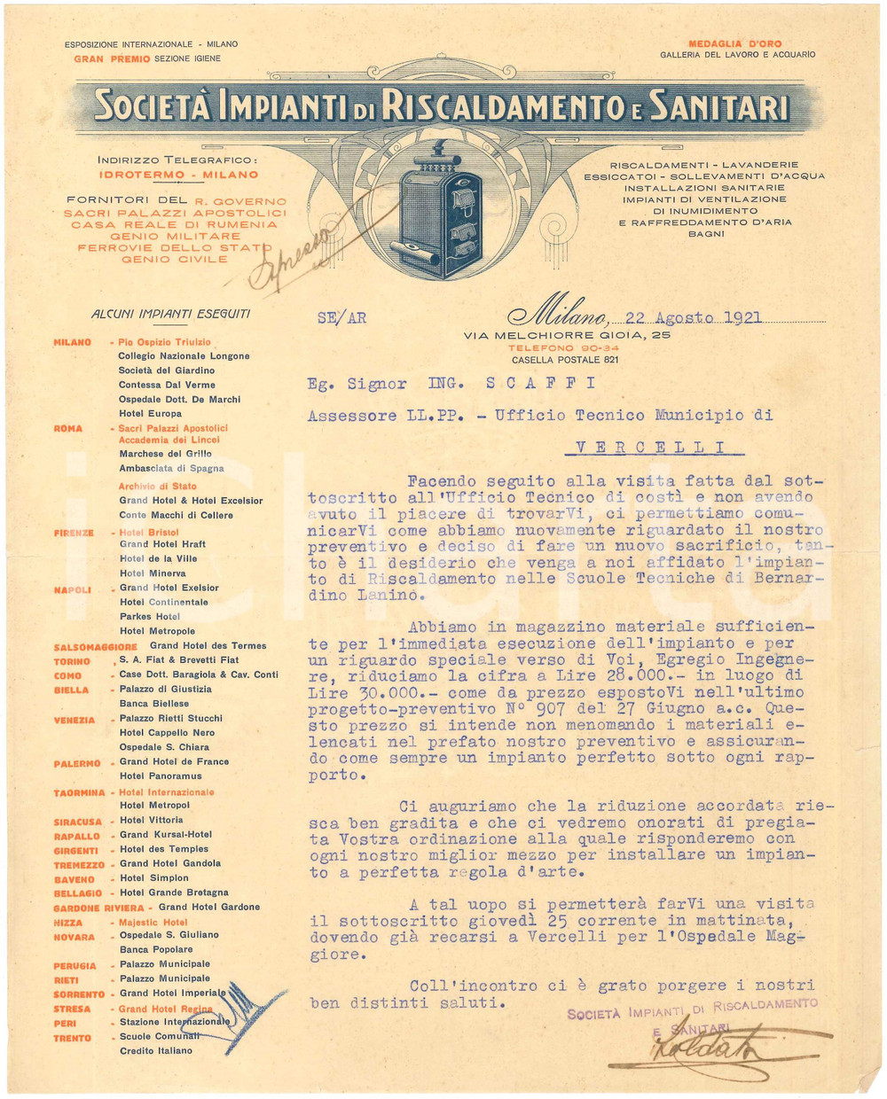 1921 MILANO Via M. Gioia - Società Impianti di Riscaldamento e Sanitari *Lettera
