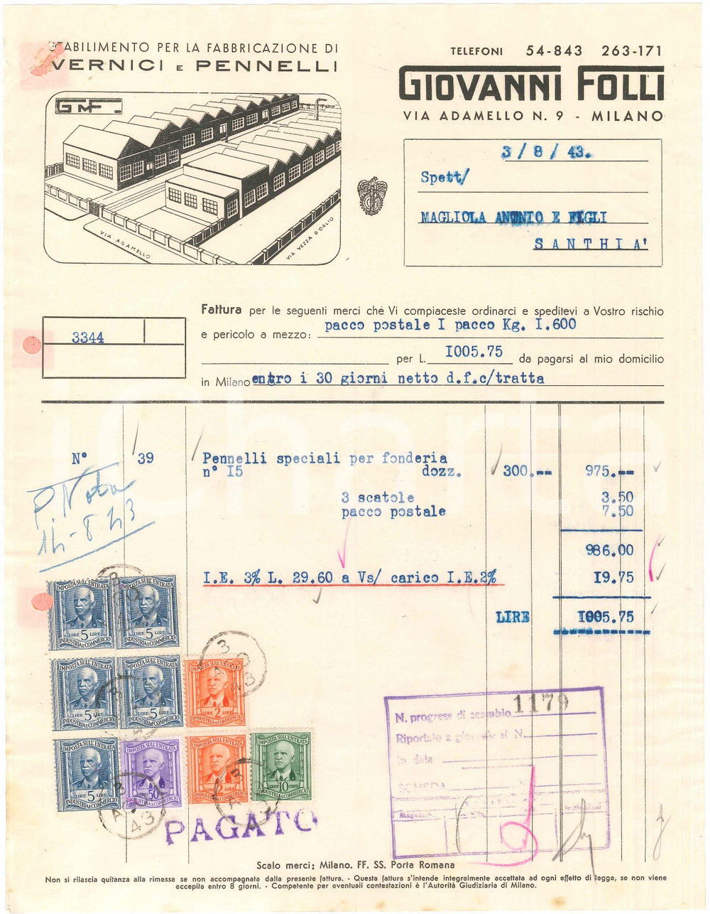 1943 MILANO Via Adamello 9 - Giovanni FOLLI Vernici e pennelli - Fattura (4)