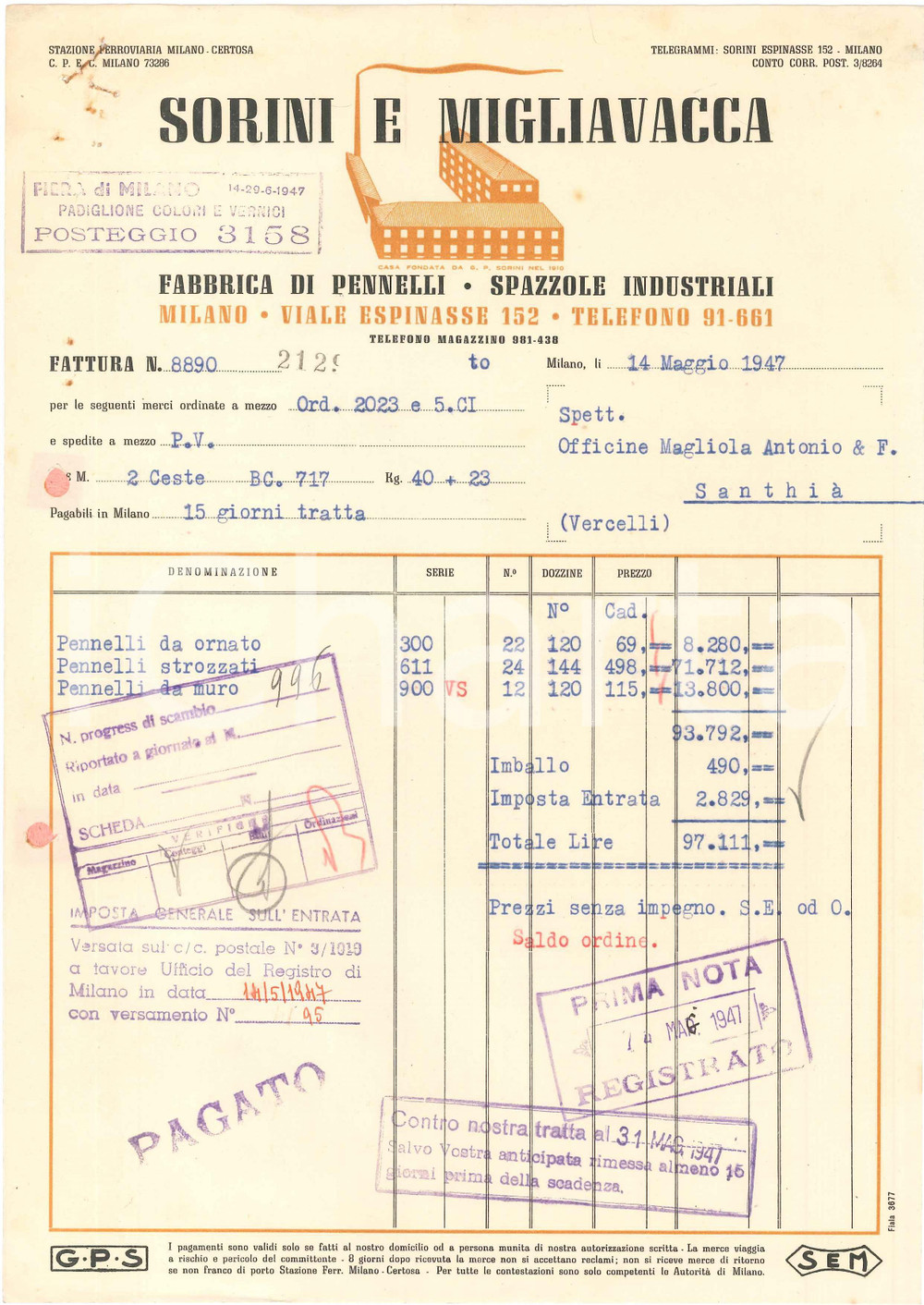 1947 MILANO Viale Espinasse SORINI e MIGLIAVACCA Fabbrica pennelli - Fattura (1)