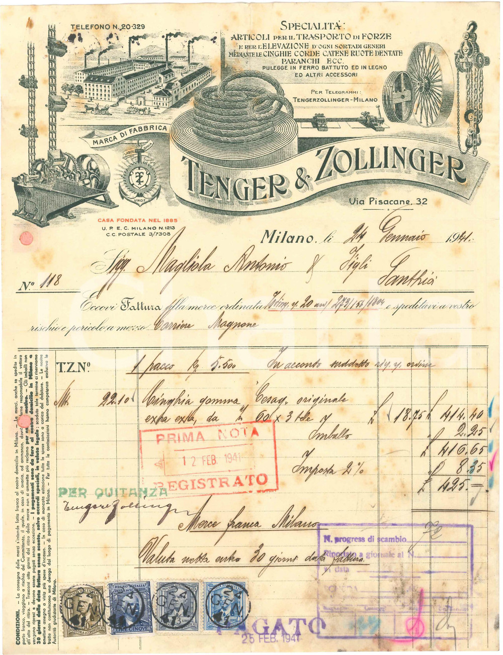 1941 MILANO Via Pisacane 32 - TENGER & ZOLLINGER - Fattura per cinghie (1)