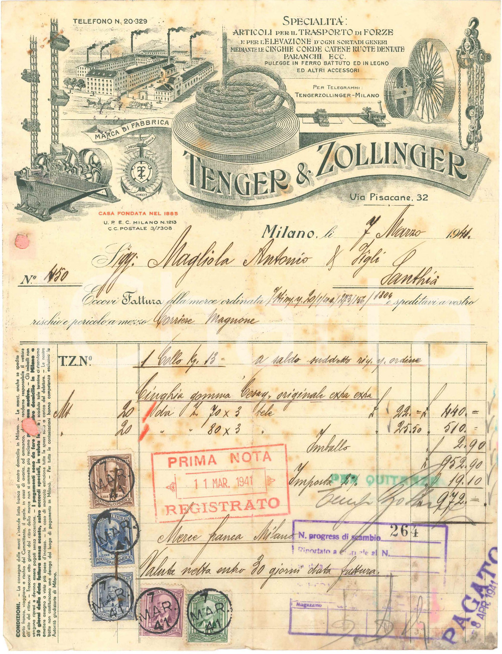 1941 MILANO Via Pisacane 32 - TENGER & ZOLLINGER - Fattura per cinghie (3)