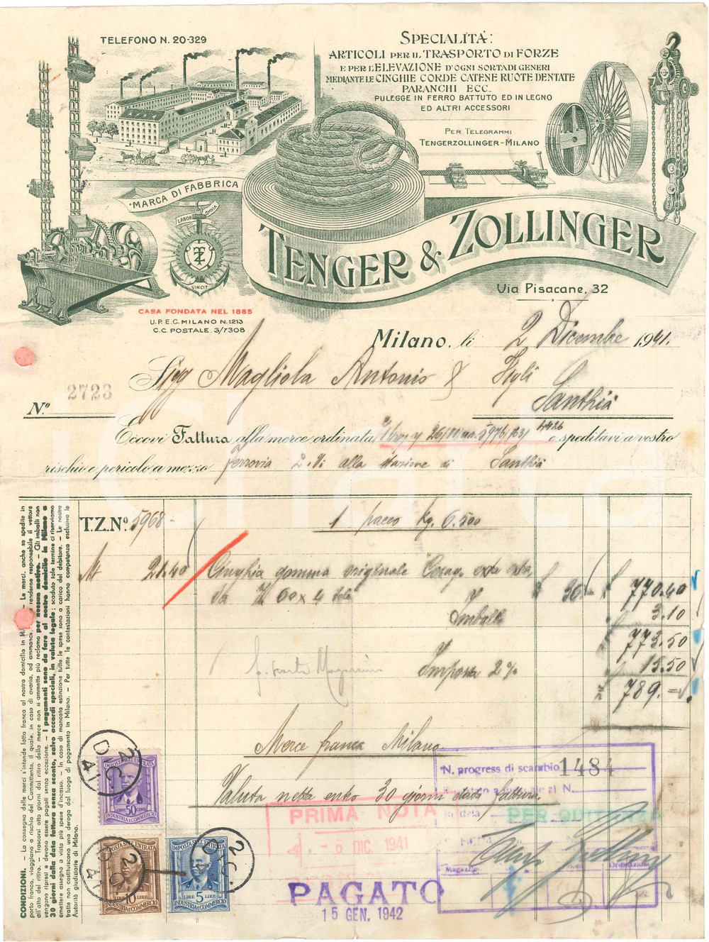 1941 MILANO Via Pisacane 32 - TENGER & ZOLLINGER - Fattura per cinghie (2) Fattura commerciale d'epoca manoscritta, su carta intestata illustrata.Presenti marche da bollo.PAGINE: 1 FAIR/discreto piegature d'epoca; fori da classificatore; piccoli fori da spillatura; tracce di ruggine; piccoli strappi marginali Formato: 22x28 cm originale e autentica 1