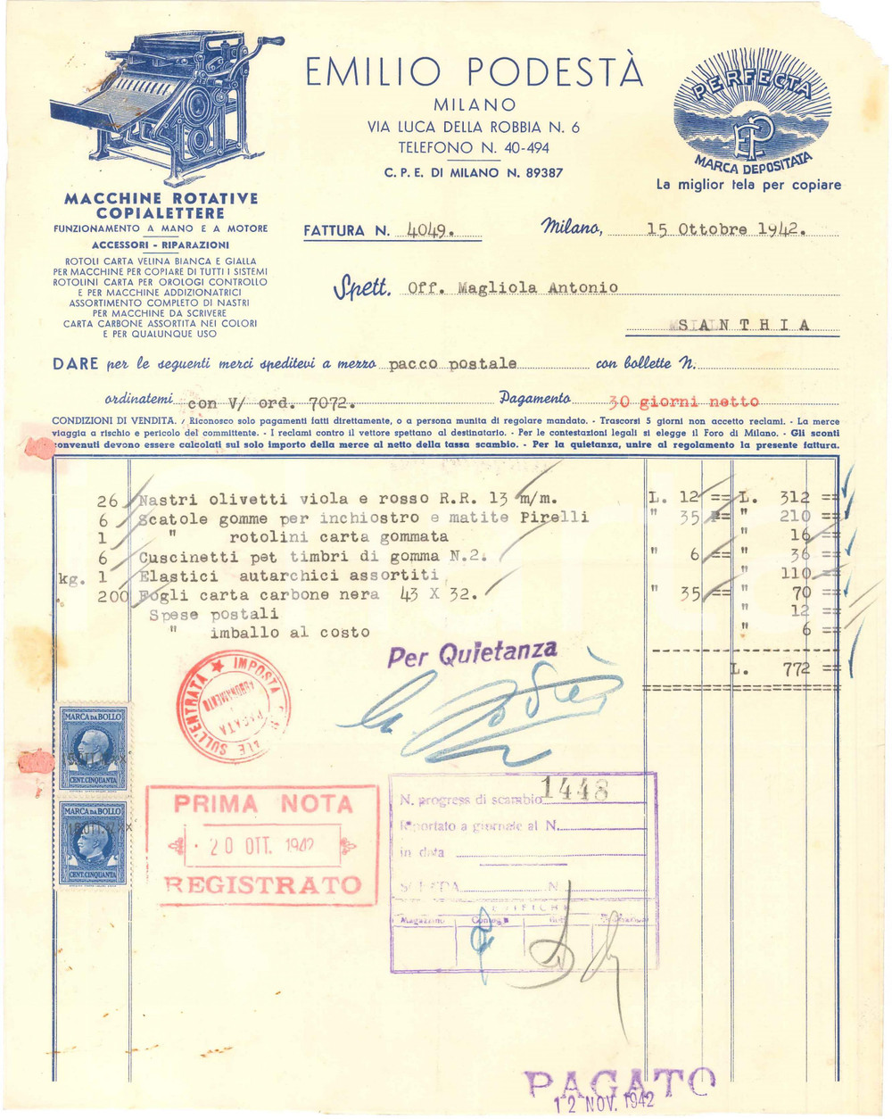 1942 MILANO Via Luca della Robbia 6 - Emilio PODESTÀ Macchine rotative - Fattura