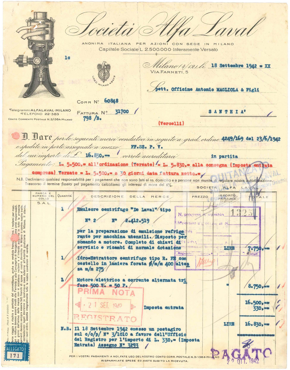 1942 MILANO Via Farneti 5 - Società ALFA LAVAL Forniture per industrie - Fattura